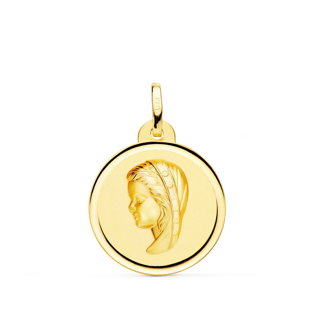 18K Medalla Oro Amarillo Virgen Niña Bisel 16 Mm