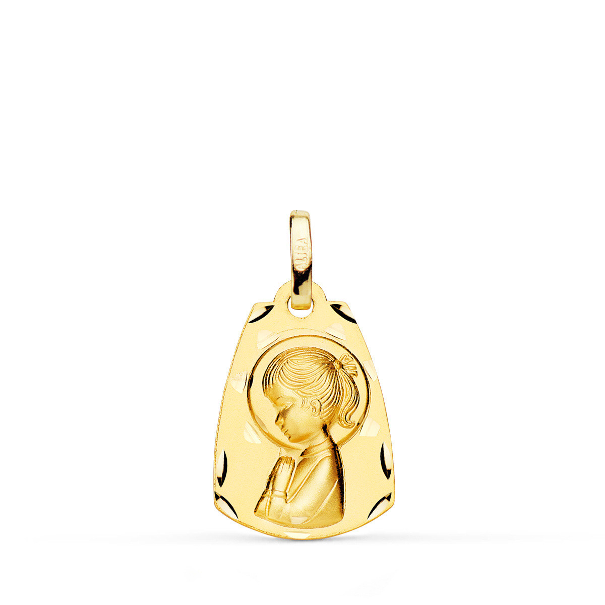 18K Medalla Oro Amarillo Capilla Virgen Niña Perfil Matizada. 19 X 13 Mm