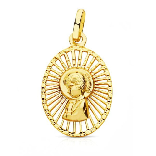 18K Medalla Virgen Niña Cerco Calado 22X14 Mm