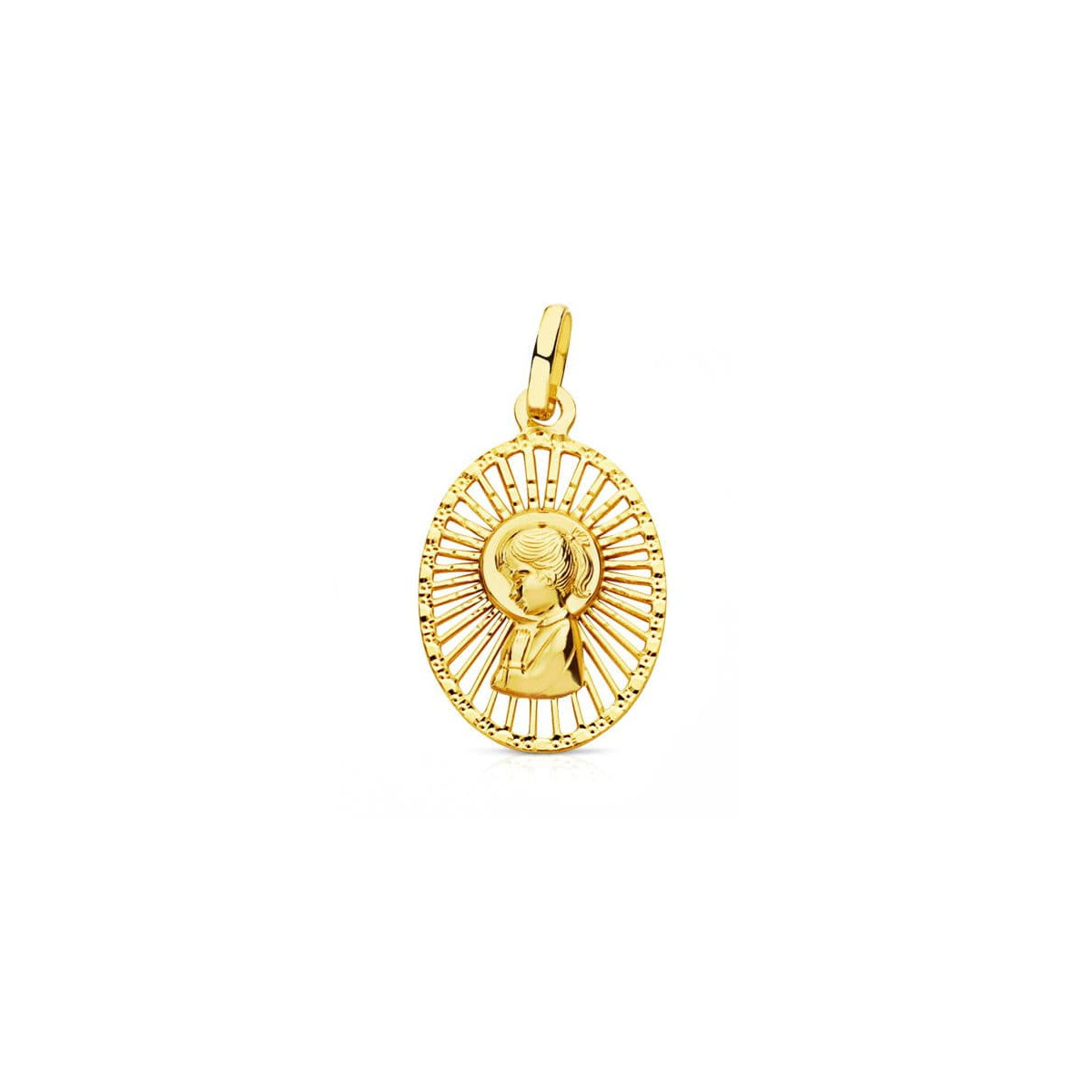 18K Medalla Virgen Niña Cerco Calado 22X14 Mm