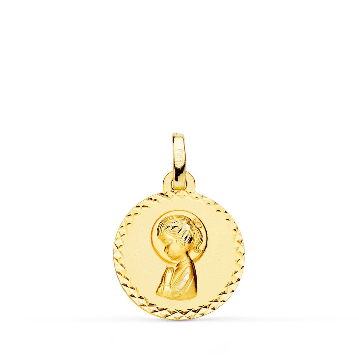 18K Medalla Oro Amarillo Virgen Niña Talla Cruzada 16 Mm