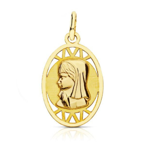 18K Medalla Virgen Niña Oval Calada 20X12 Mm