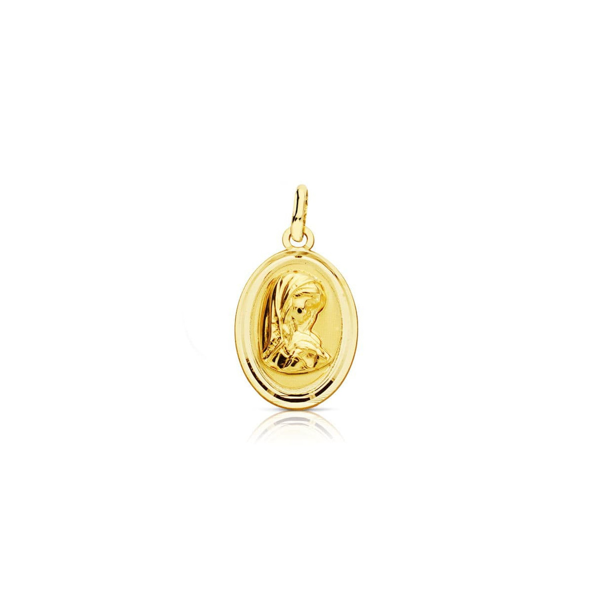 18K Medalla Virgen Niña Oval Bisel Liso 19X12 Mm