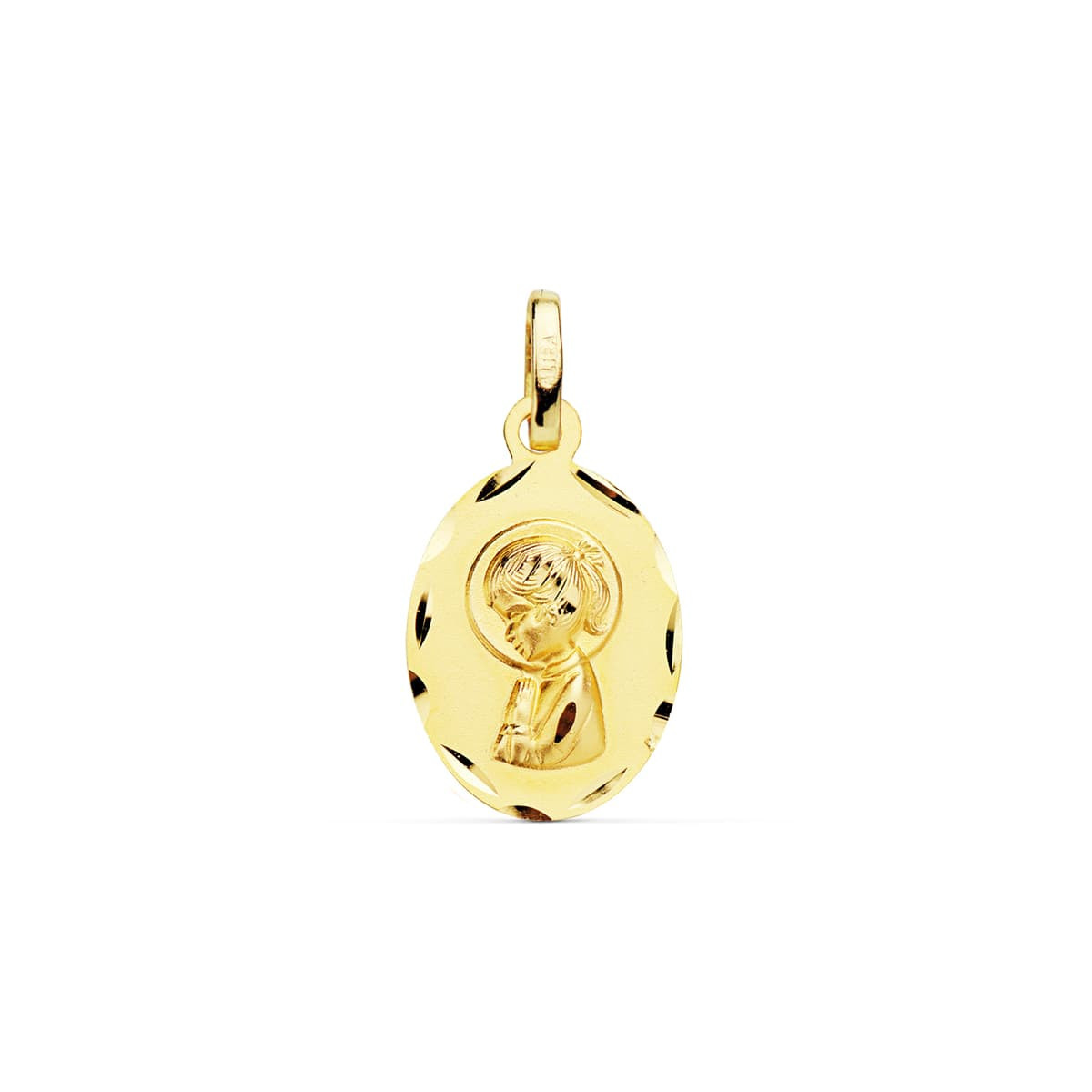 18K Medalla Oro Amarillo Virgen Niña Oval Tallada 19X12 Mm