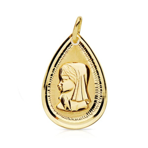 18K Medalla Virgen Niña Lagrima Bisel 20X14 Mm