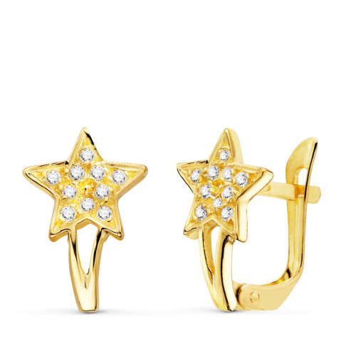 18K Pendientes Oro Amarillo Estrellas Con Circonitas 12X8 Mm Cierre Catalan