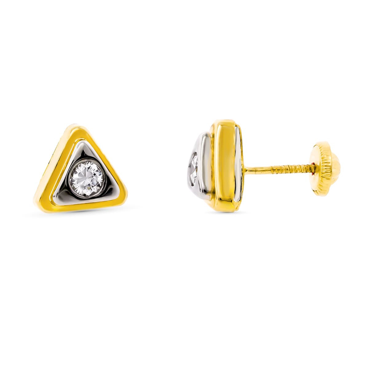 18K Pendientes Oro Bicolor Triangulo Con Circonitas 8X8 Mm Cierre Rosca