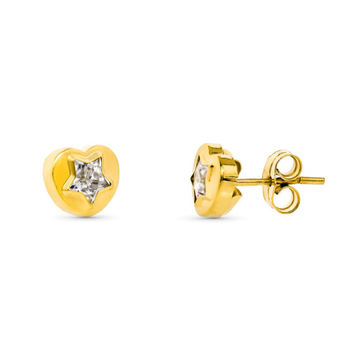 18K Pendientes Oro Amarillo Corazon Circonitas 8X7 Mm Cierre Presion