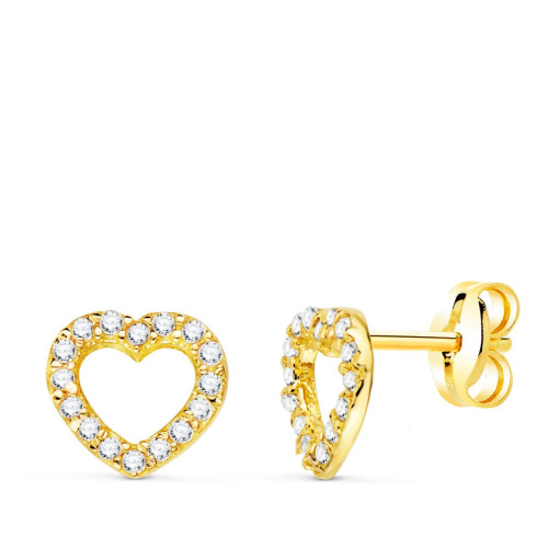 18K Pendientes Oro Amarillo Corazon Mini Con Circonitas 7X7 Mm Cierre Presion