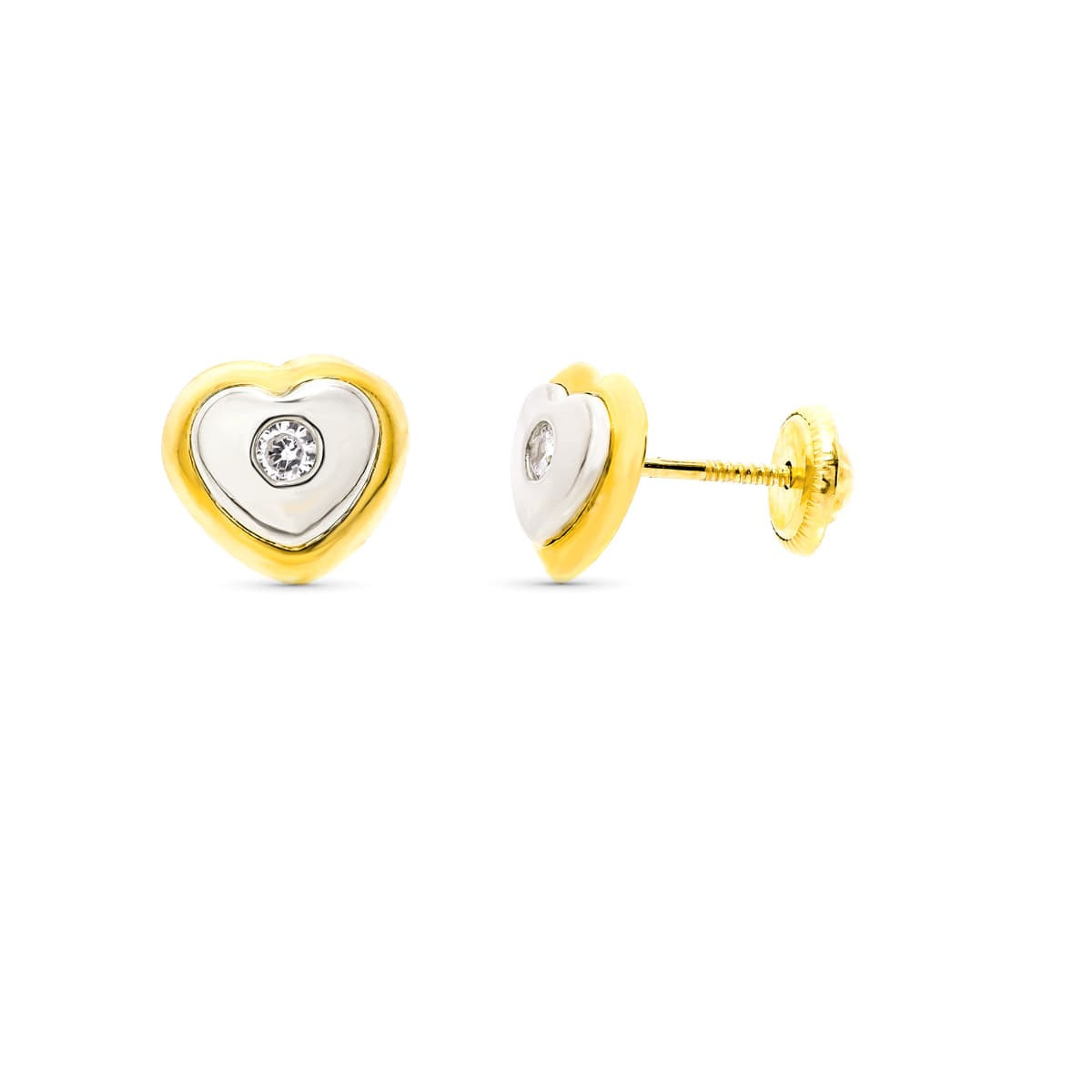 18K Pendientes Oro Bicolor Corazon 8X7 Mm Cierre Rosca