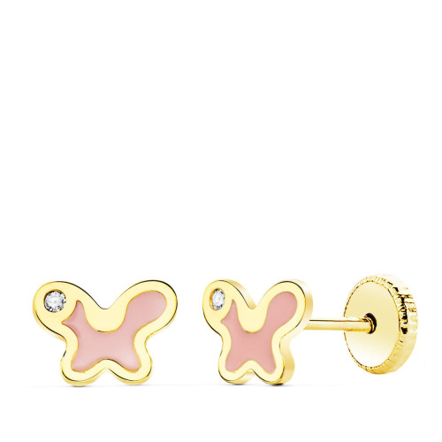 18K Pendientes Oro Amarillo Mariposa Esmalte Rosa 7X5 Mm Cierre Rosca