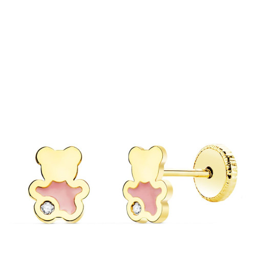 18K Pendientes Oro Amarillo Oso Esmalte Rosa 6X5 Mm Cierre Rosca