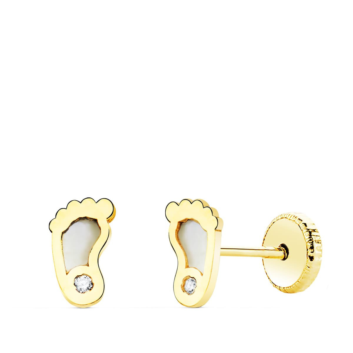 18K Pendientes Oro Amarillo Pies Con Nacar 6X3.5 Mm Cierre Rosca