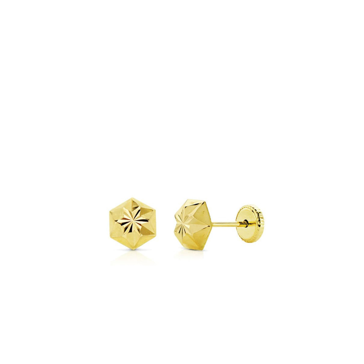 18K Pendientes Oro Amarillo Clavo Estrella Tallados 6 Mm Cierre Tuerca