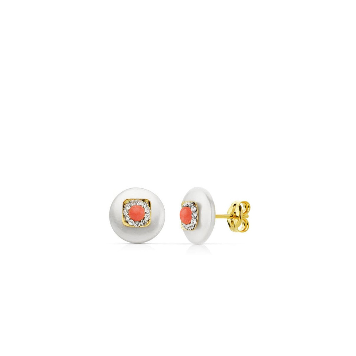 18K Pendientes Oro Amarillo Nacar 9 Mm Coralina 3 Mm Presion