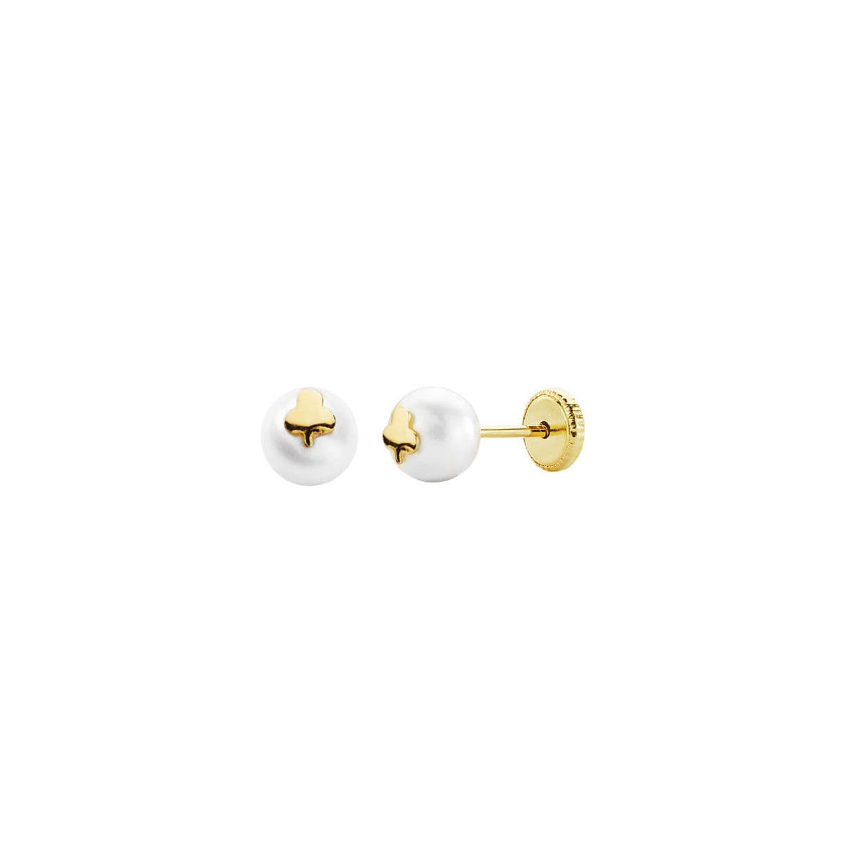 18K Pendientes Oro Amarillo Trebol Y Perla 6 Mm Rosca