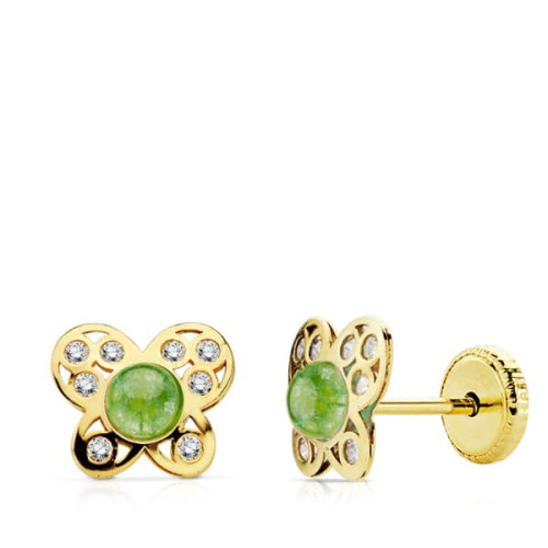 18K Pendientes Oro Amarillo Mariposa Piedraverde Y Circonitarosca