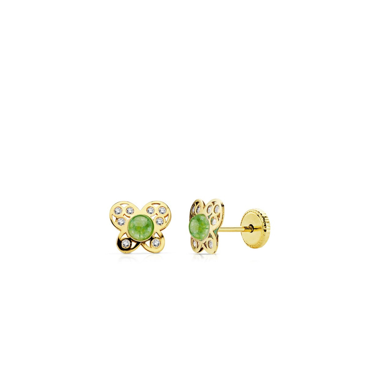 18K Pendientes Oro Amarillo Mariposa Piedraverde Y Circonitarosca