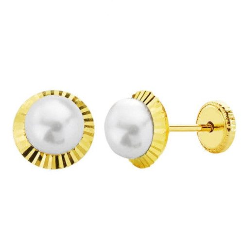 18K Pendientes Oro Amarillo Perla Orla Tallada 7 Mm