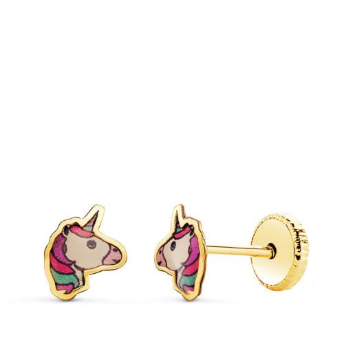 18K Pendientes Oro Amarillo Unicornios Esmalte Cierre Tuerca 6 X 5,5 Mm