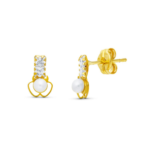 18K Pendientes Oro Amarillo Perla Trebol. 8X5 Mm