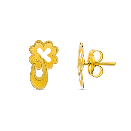 18K Pendientes Oro Amarillo Trebol. 9X5 Mm Cierre Presion