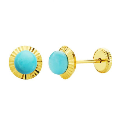 18K Pendientes Oro Amarillo Turquesa Orla Tallada 6 Mm