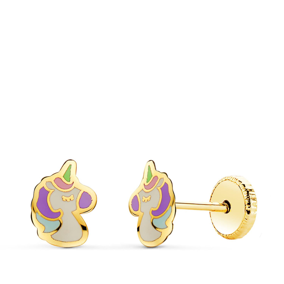 18K Pendientes Oro Amarillo Unicornios Esmalte Cierre Tuerca 7,5 X 5 Mm