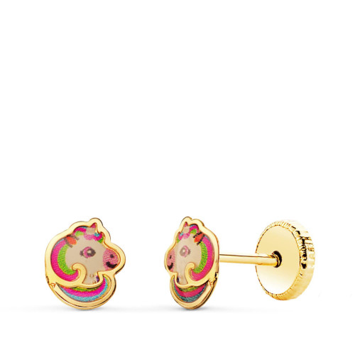 18K Pendientes Oro Amarillo Unicornios Esmalte Cierre Tuerca 6 X 5 Mm