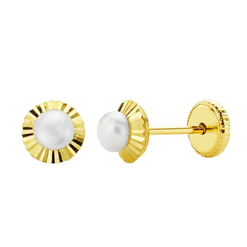 18K Pendientes Oro Amarillo Perla Orla Tallada 5 Mm