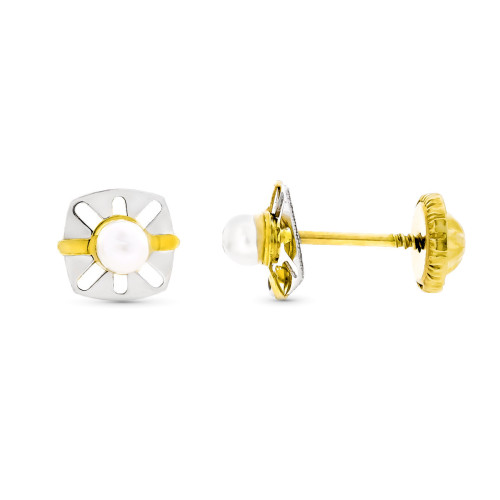 9K Pendientes Oro Bicolor Calados Con Perla 6X5 Mm