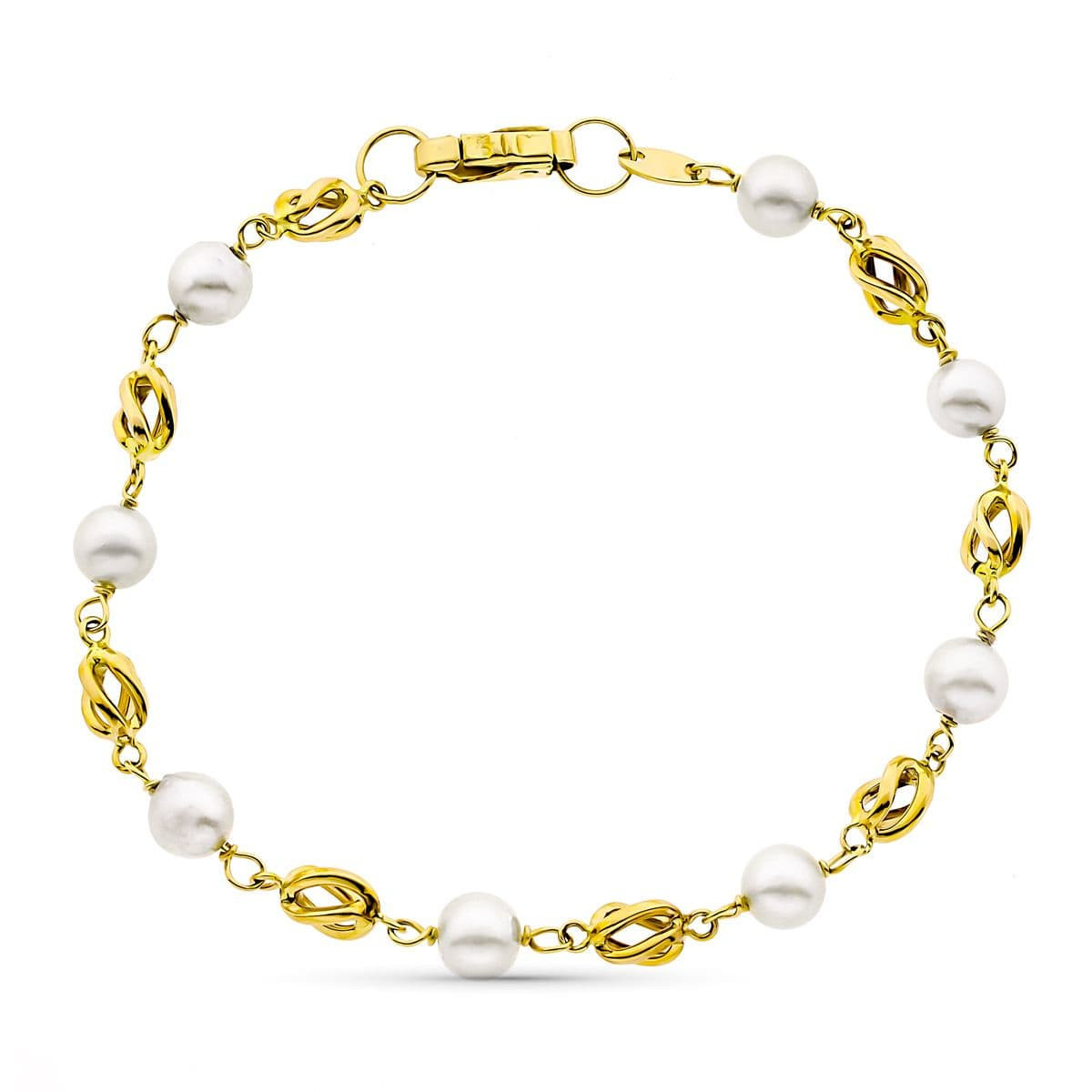 18K Pulsera Oro Amarillo 17 Cm Jaula Y Perla Cultivada De 5.50 Mm