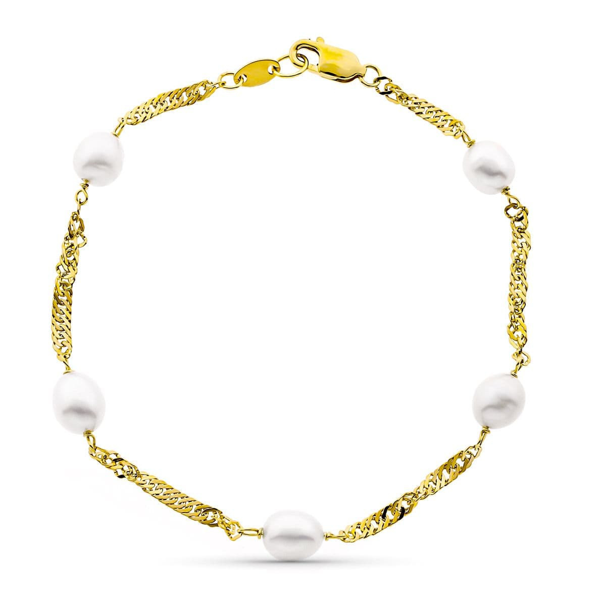 18K Pulsera Oro Amarillo 19 Cm Singapur Perla Cultivada Aljorfa 6-6.5 Mm