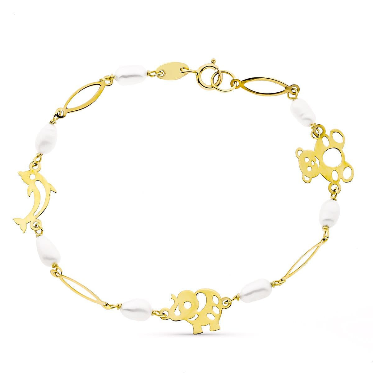 18K Pulsera Oro Amarillo 17Cm Fetiches Y Perla Cultivadas 5 Mm