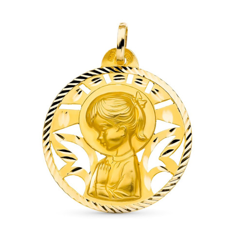 18K Medalla Oro Amarillo Virgen Niña 26 Mm