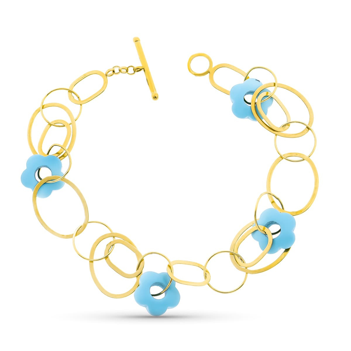 18K Pulsera Oro Amarillo Circulos Y Flor Turquesa