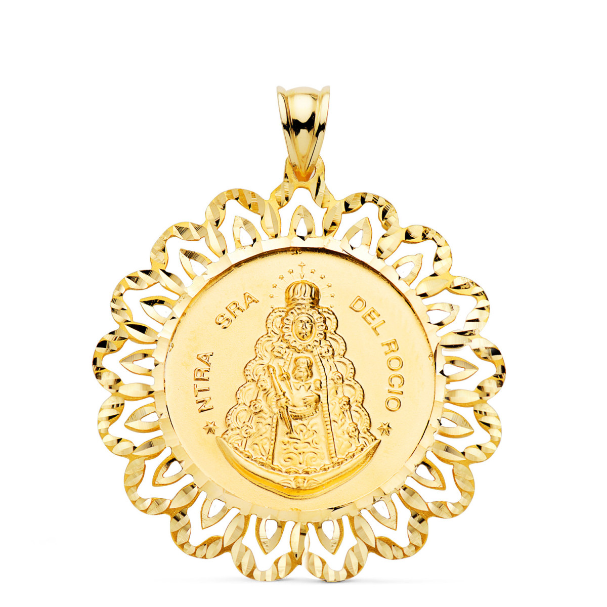 18K Medalla Oro Amarillo Virgen Rocio Cerco Tallado 34 X 34 Mm