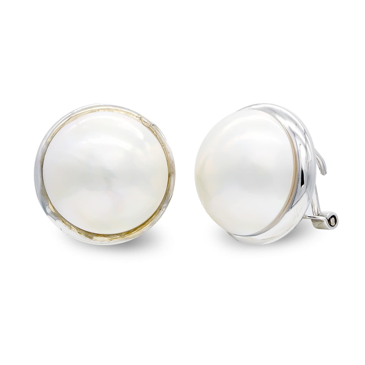 18K Pendientes Oro Blanco Y Perla Japonesa Con Cerco Liso 14-16 Mm