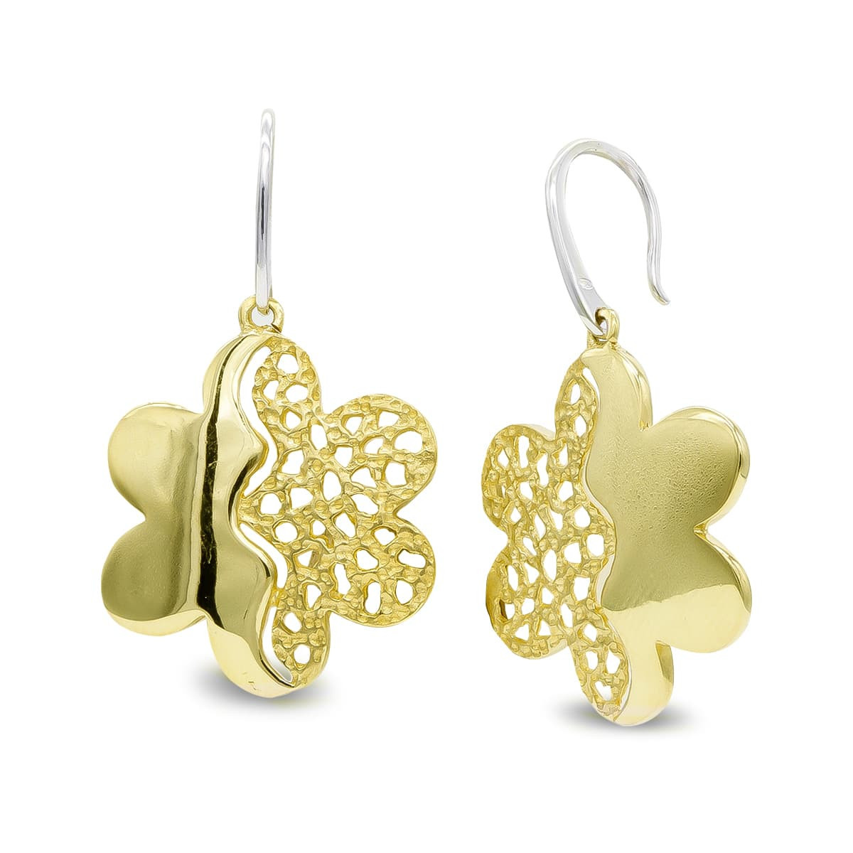 18K Pendientes Oro Bicolor Largos Flor