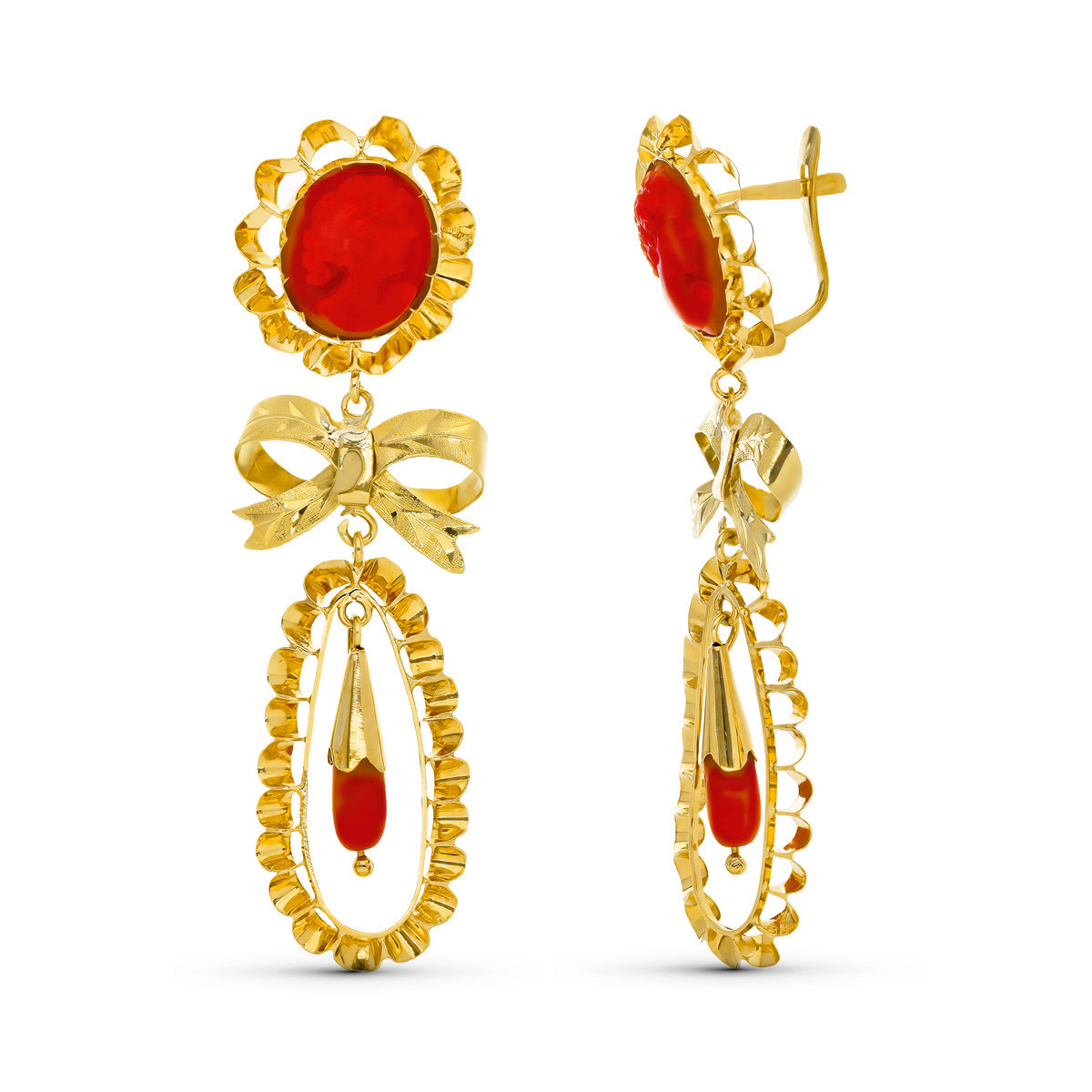 18K Pendientes Oro Amarillo Lagrima Coral Camafeo