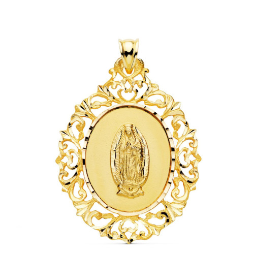 18K Medalla Oro Amarillo Virgen Guadalupe Cerco Filigrana 39X30 Mm