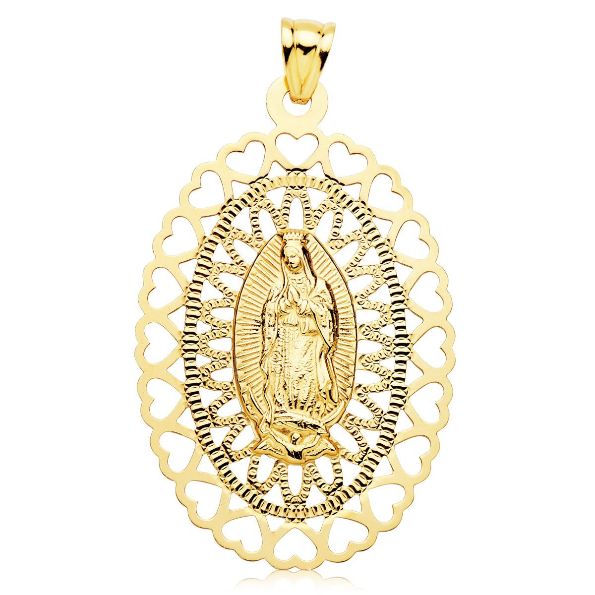 18K Medalla Oro Amarillo Virgen De Guadalupe Oval 50X35 Mm Cerco Corazones