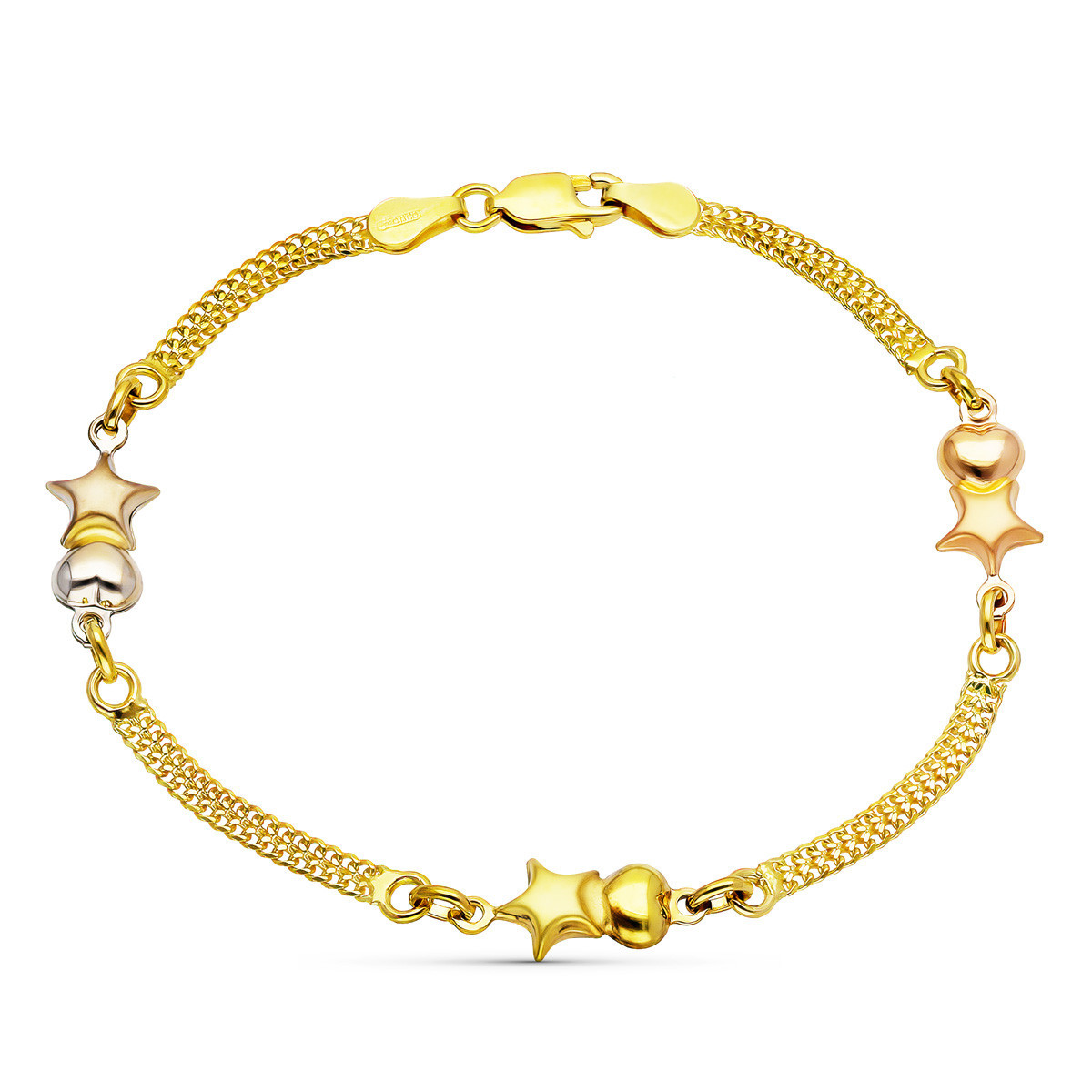 18K Pulsera Oro Tricolor Estrellas Y Corazones