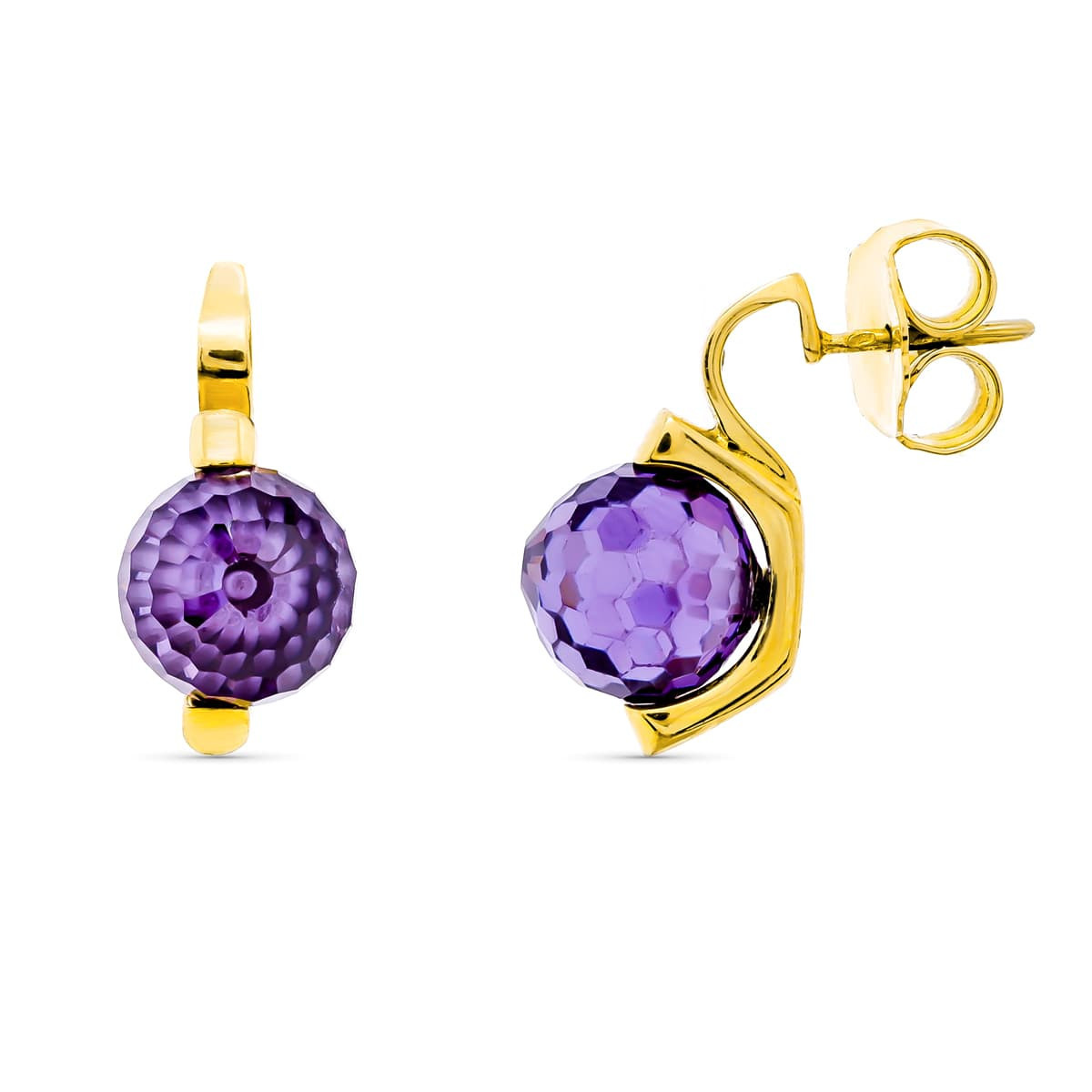 18K Pendientes Oro Amarillo Piedra Color Morada 10 Mm