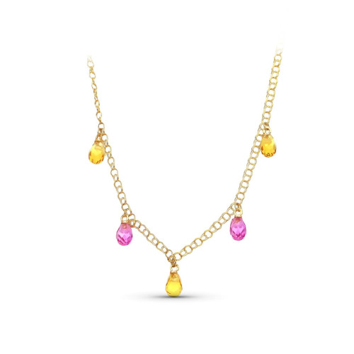 18K Gargantilla Oro Amarillo Lagrimas Piedras Color Topacio-Rosa