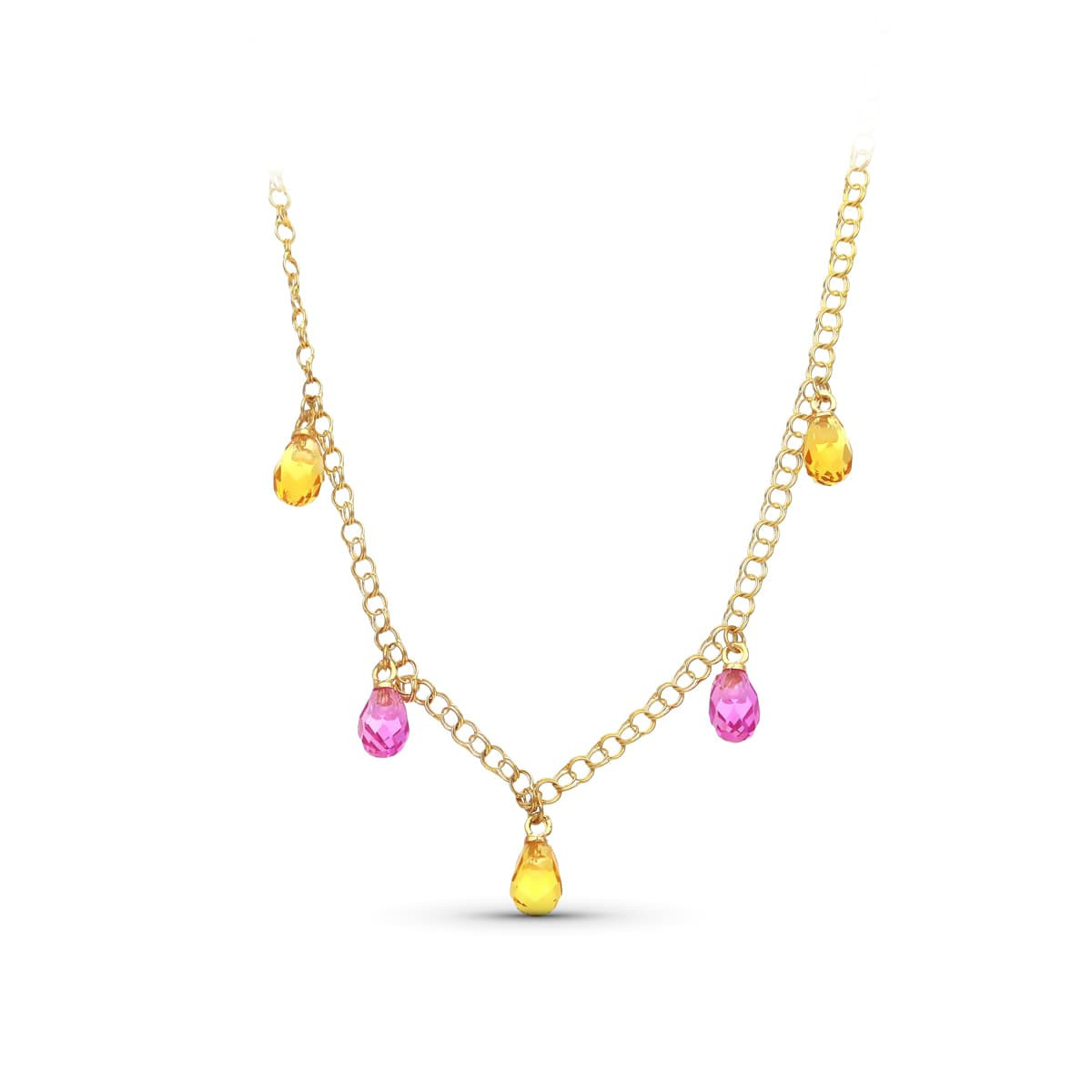 18K Gargantilla Oro Amarillo Lagrimas Piedras Color Topacio-Rosa