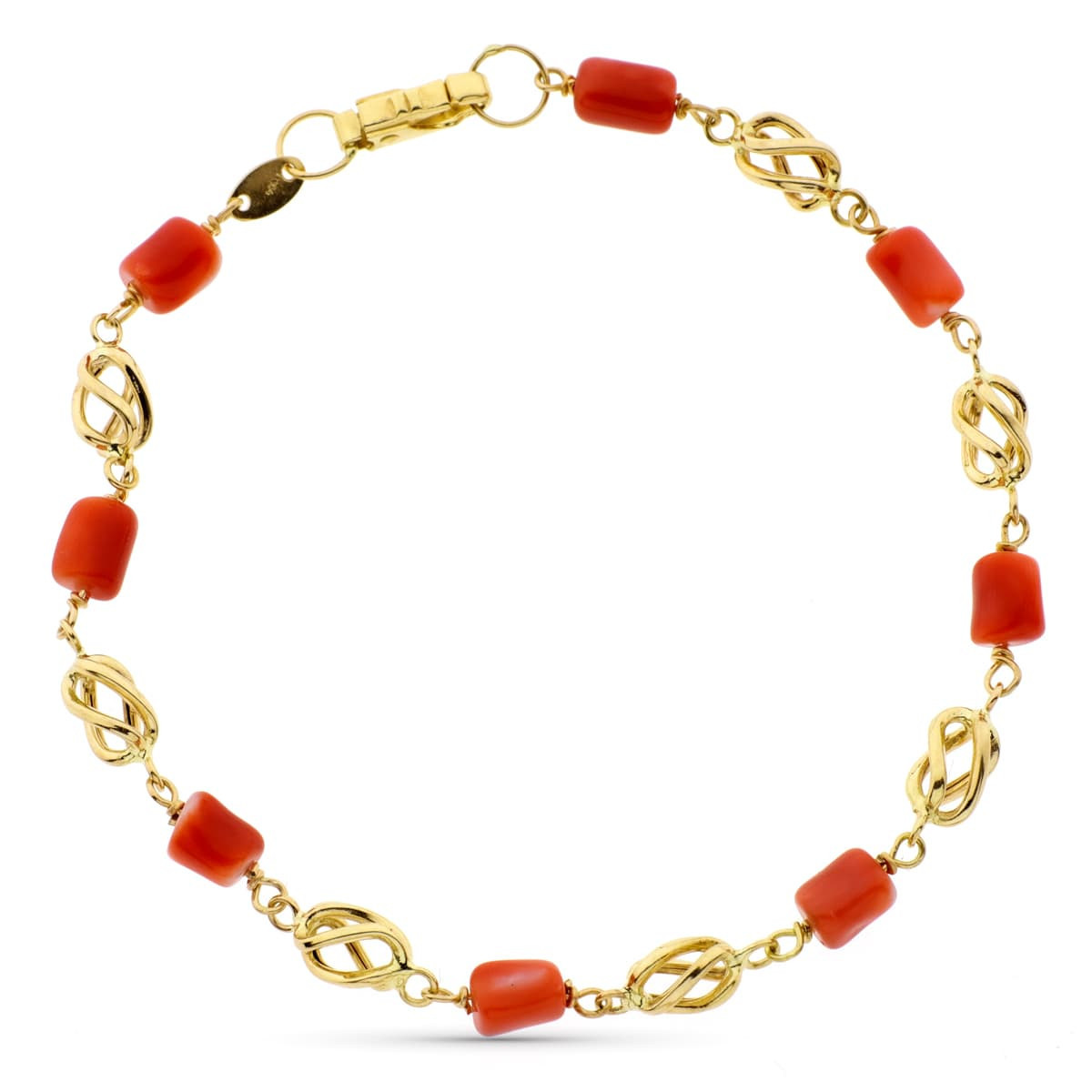 18K Pulsera Oro Amarillo Con Jaulas Y Coral Fino Japones 19 Cm