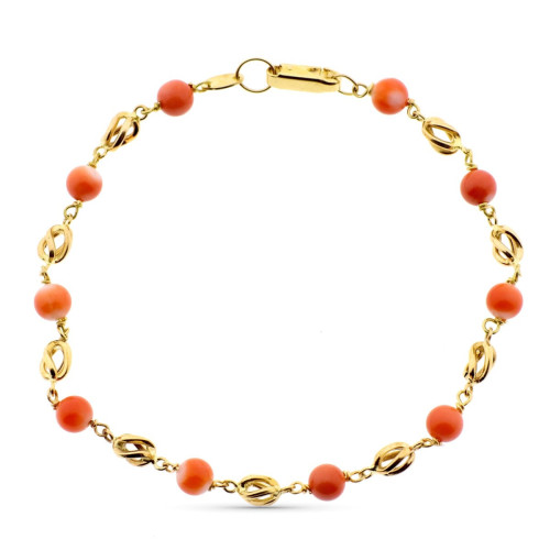 18K Pulsera Oro Amarillo Con Jaulas Y Coral Fino Japones 5 Mm 20 Cm