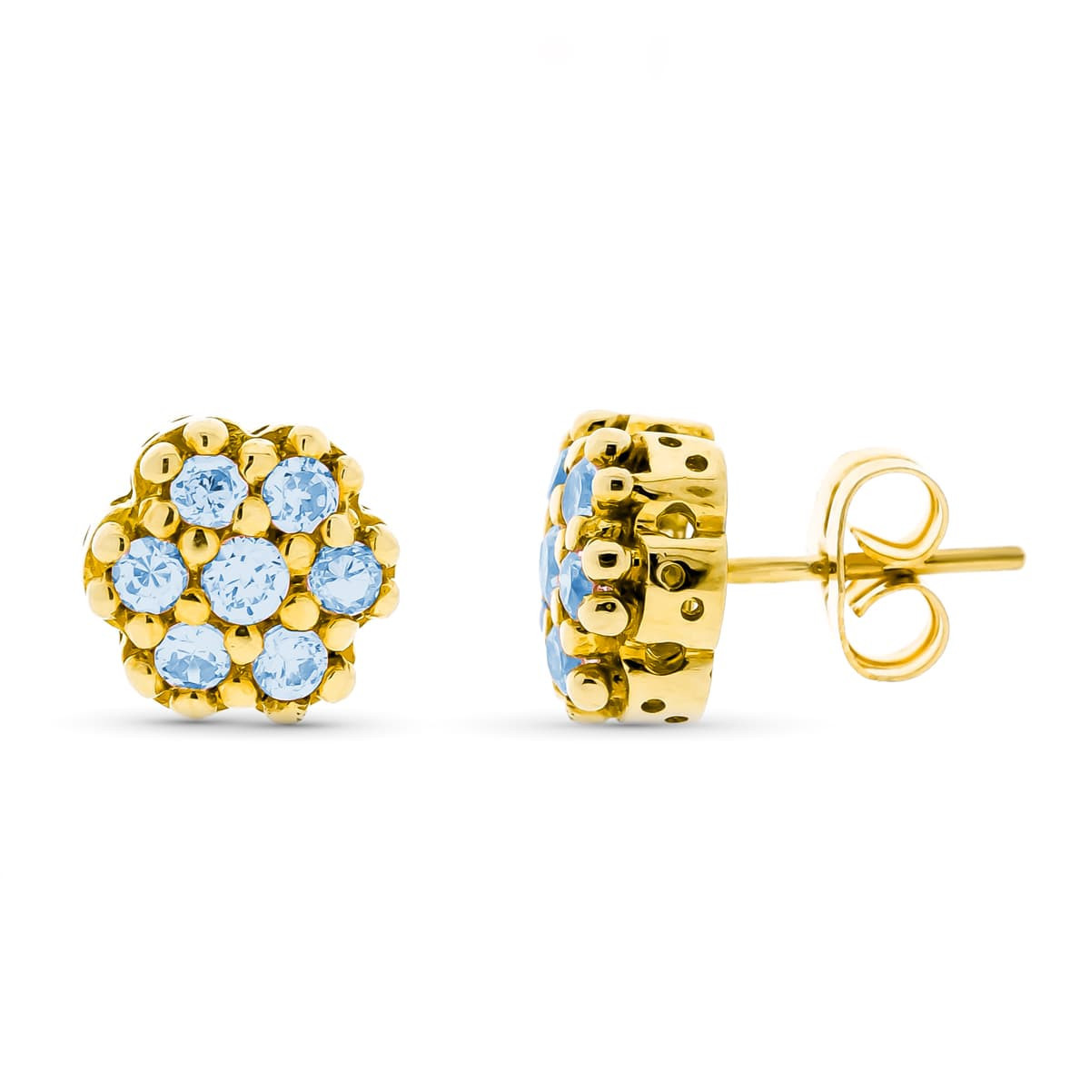 18K Pendientes Oro Amarillo Circonitas Aguamarina 9 Mm