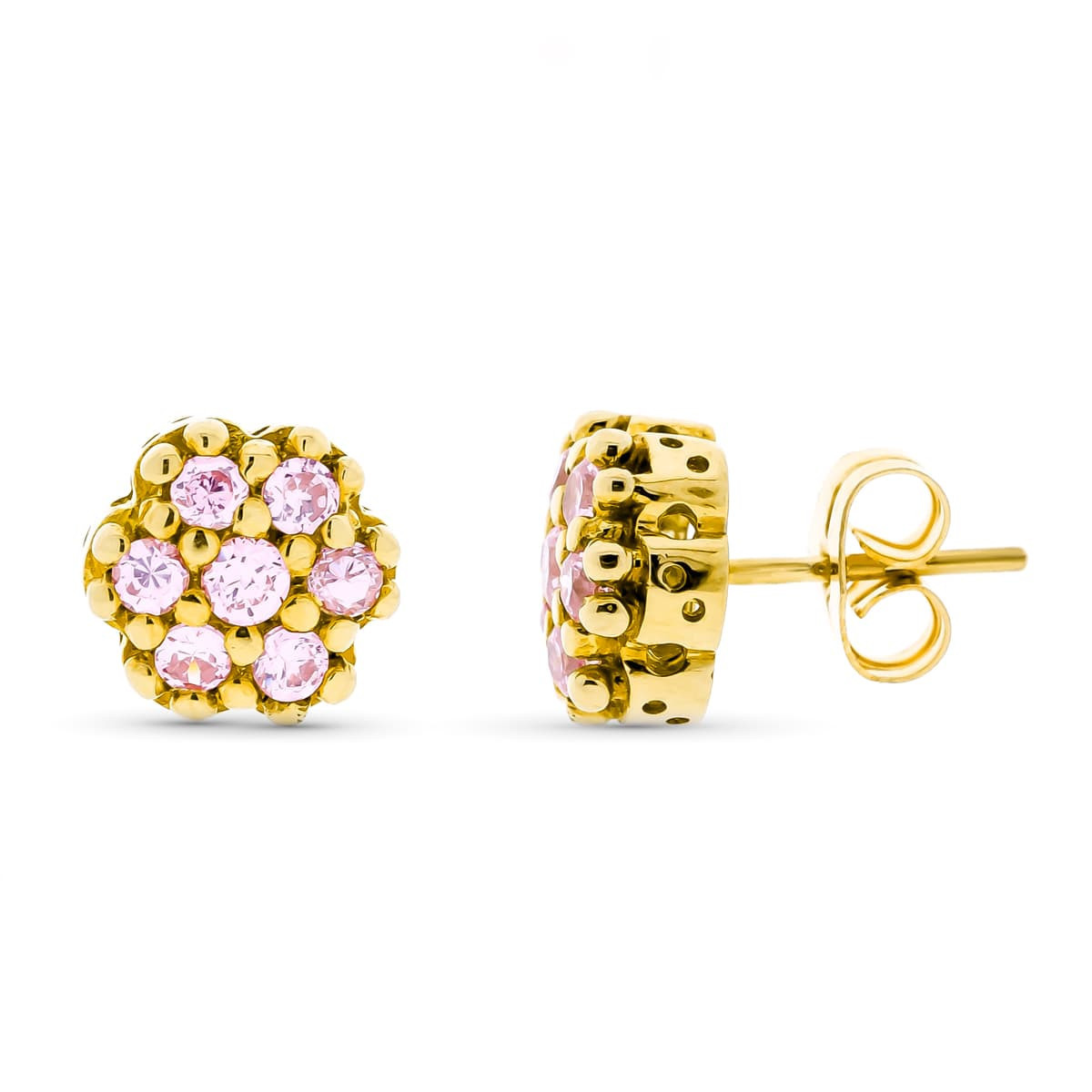 18K Pendientes Oro Amarillo Circonitas Rosas 9 Mm Prsion